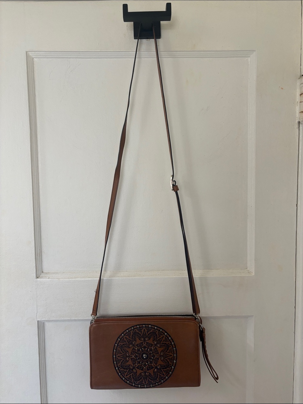 Brighton Ferrara Brown Leather Crossbody with Embossed Medallion